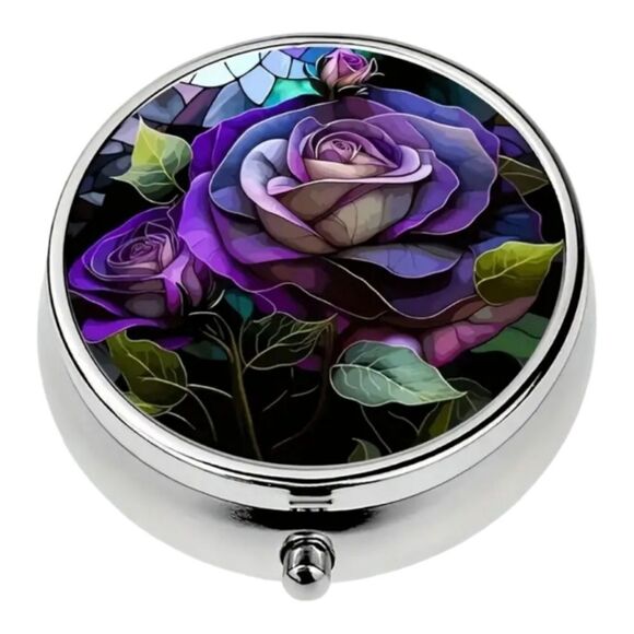 Exotic Purple Rose Pill Box Medicine Mini Steel Case Mirrored Travel Purse Size - Picture 7 of 7
